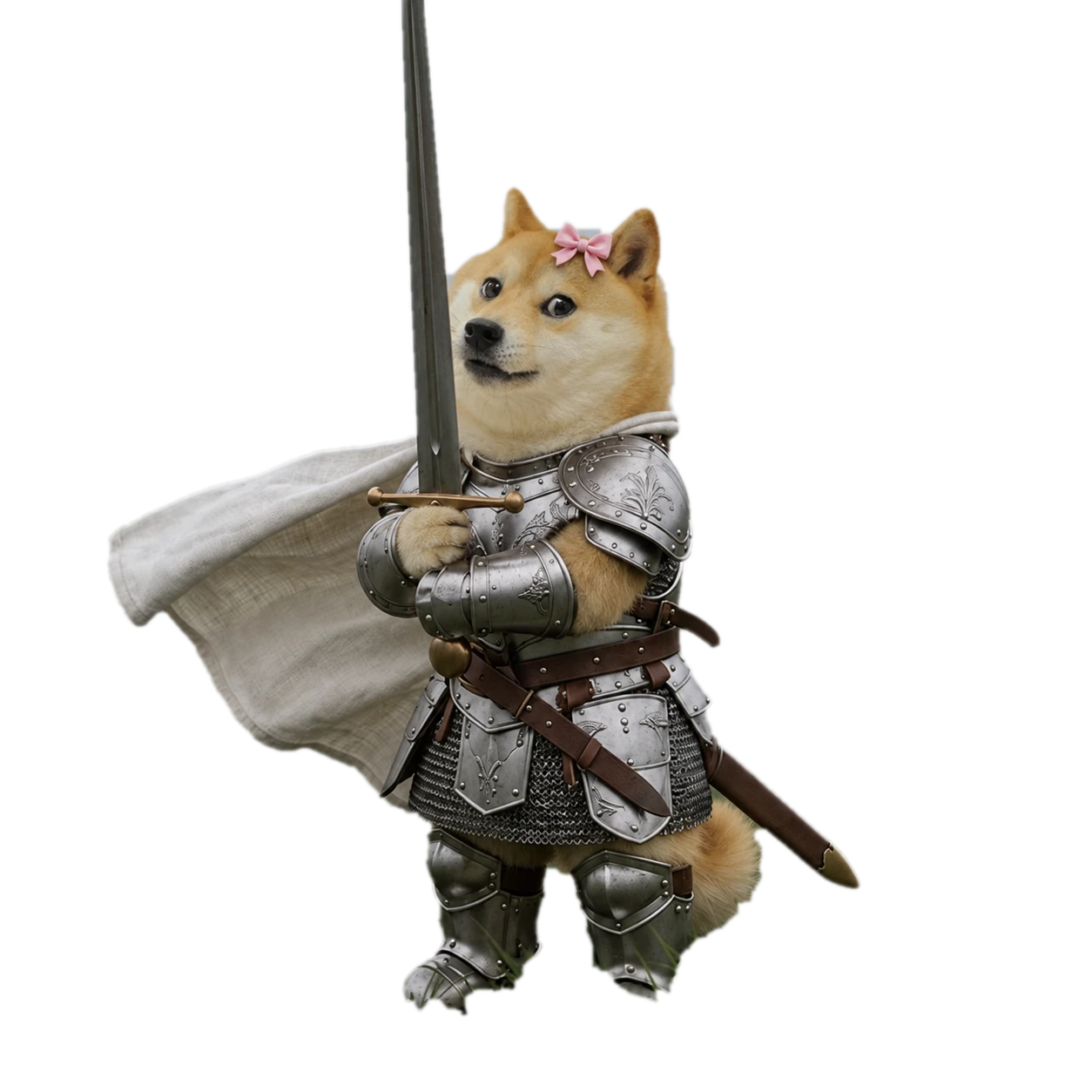Bundle Inu — armored shiba knight with a pink bow and a sword